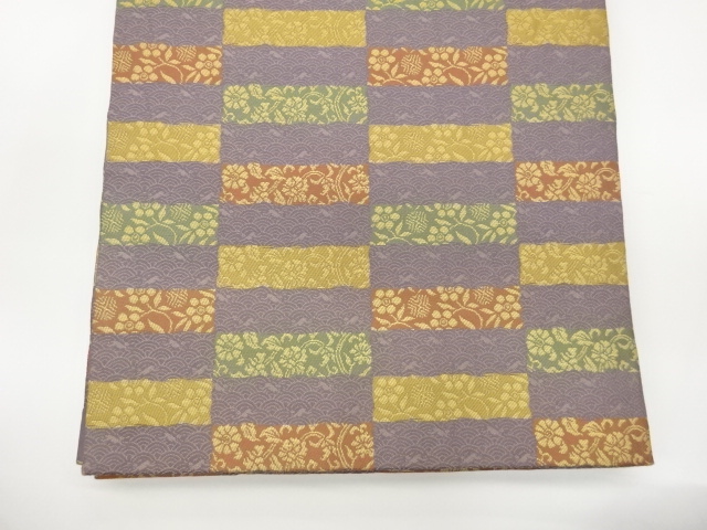  あらいそ製　縞・横段に青海波・花葉模様織出し開き名古屋帯（額縁仕立て）